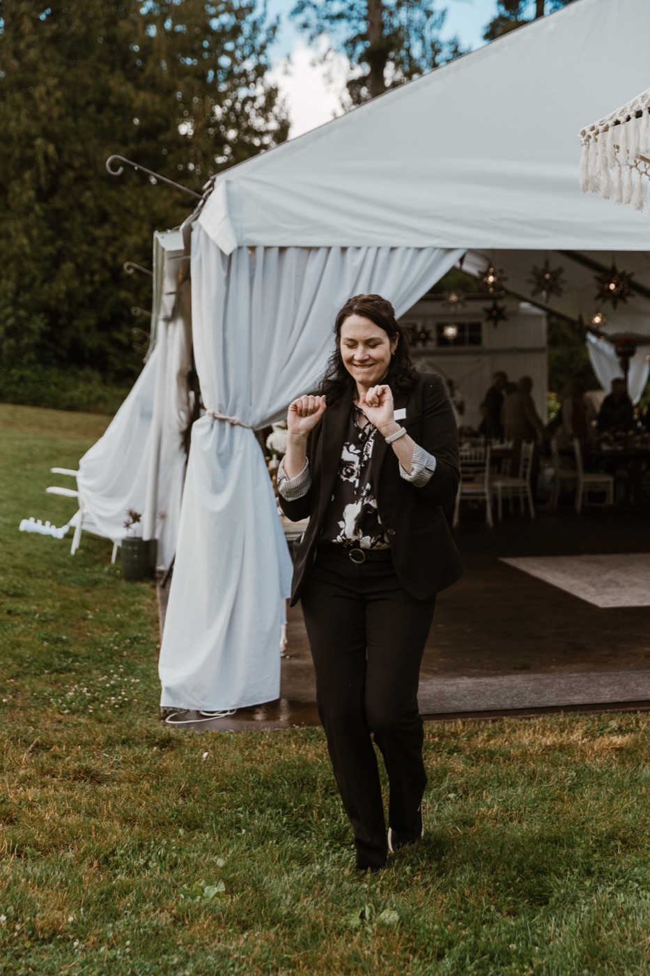 Abagail dancing to keep things light while setting up for a wedding